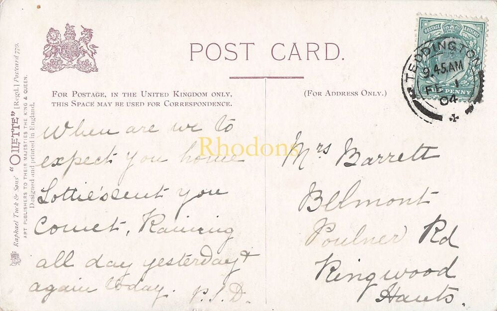 Genealogy Postcard-Mrs BARRETT, Belmont, Poulner Road, Ringwood, Hants-February 1904 | Tucks Oilette PC