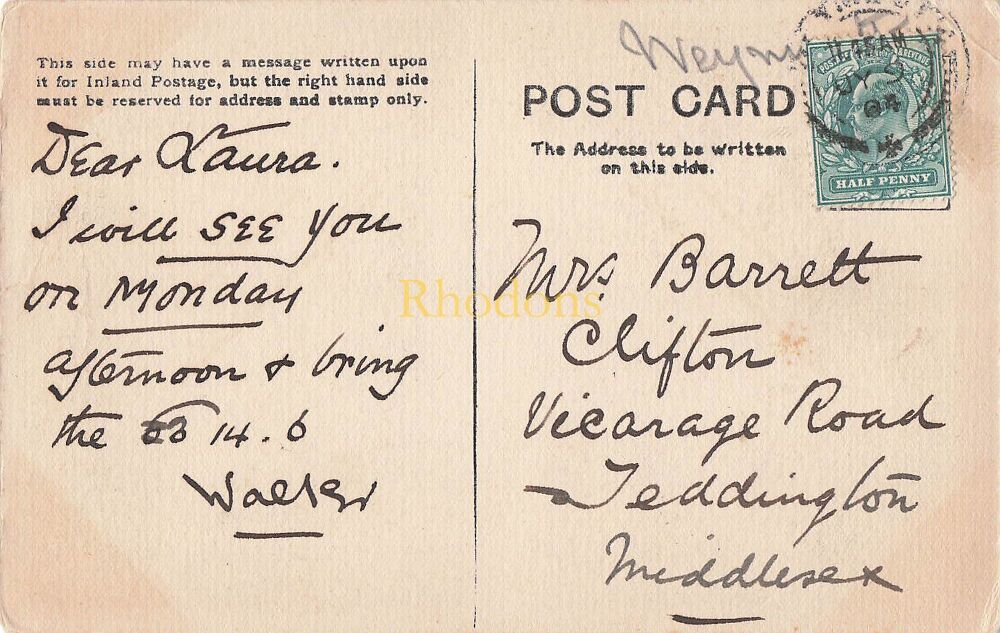 Genealogy Postcard-Mrs Laura BARRETT, Clifton, Vicarage Road, Teddington, Middlesex, 1904