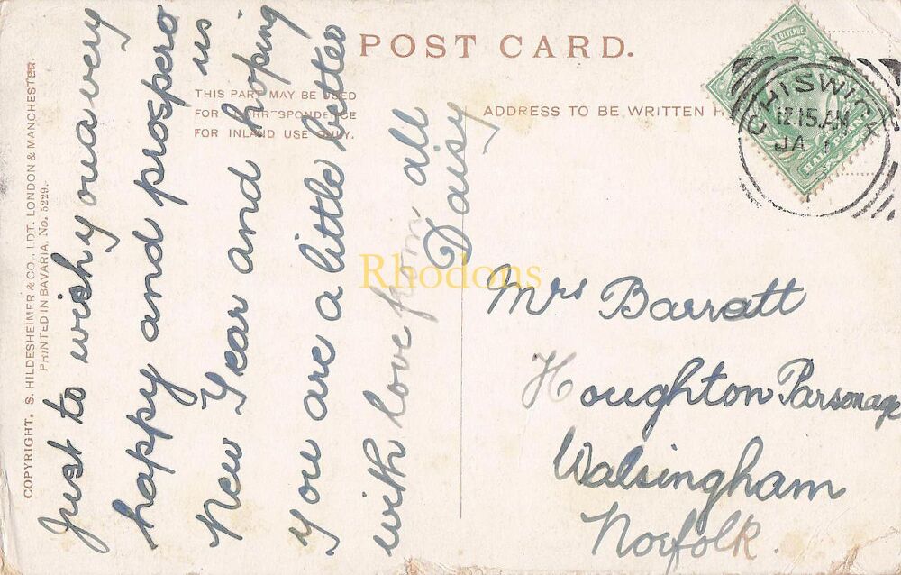 Genealogy Postcard-Mrs BARRETT, Houghton Parsonage, Walsingham, Norfolk, 1906