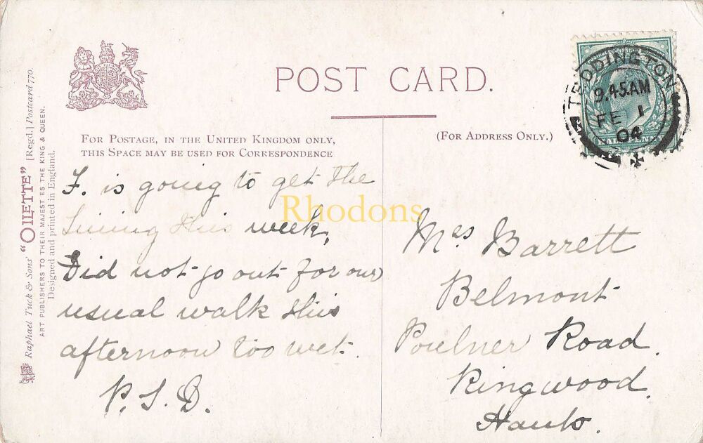 Genealogy Postcard-Mrs BARRETT, Poulner Lane, Ringwood, Hants, 1904 | Tucks Oilette PC 770, St Pauls Cathedral