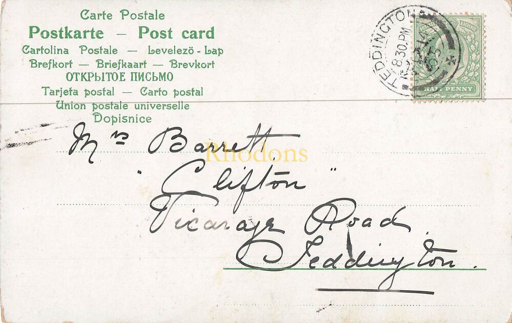 Genealogy Postcard-Mrs BARRETT, 'Clifton' Vicarage Road, Teddington, 1905
