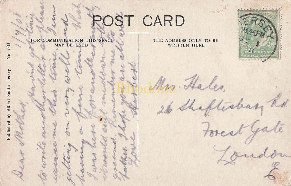 Genealogy Postcard-Mrs HALES, Shaftsbury Road, Forest Gate, London, From Herbert, July 1908 | Albert Smith, Jersey Postcard #504