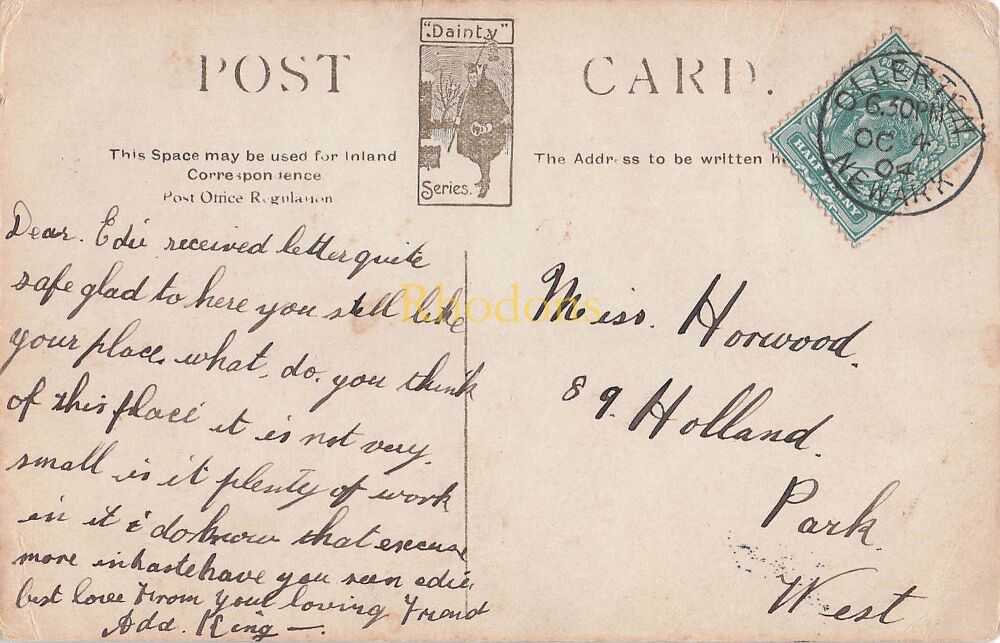 Genealogy Postcard-Miss Edie HORWOOD, Holland Park, West London, 1904 | Thoresby House, Dainty Series PC With Ollerton, Newark Button Postmark