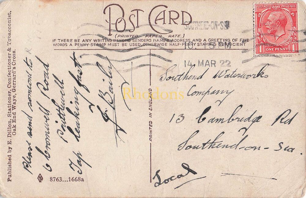 Social History Postcard-Southend Waterworks Company-BAILEY Family-Leaking Tap in Prittlewell, March 1922 | Publisher E Dillon Stationer, Gerards Cross