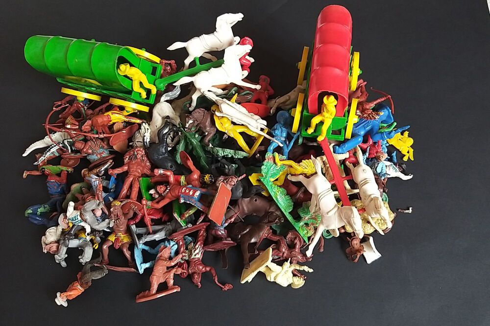 Vintage Plastic Figures-Mixed Job Lot-Cowboys, Indians, Wagons etc-Britains, Timpo, Tudor Rose, Lone Star etc