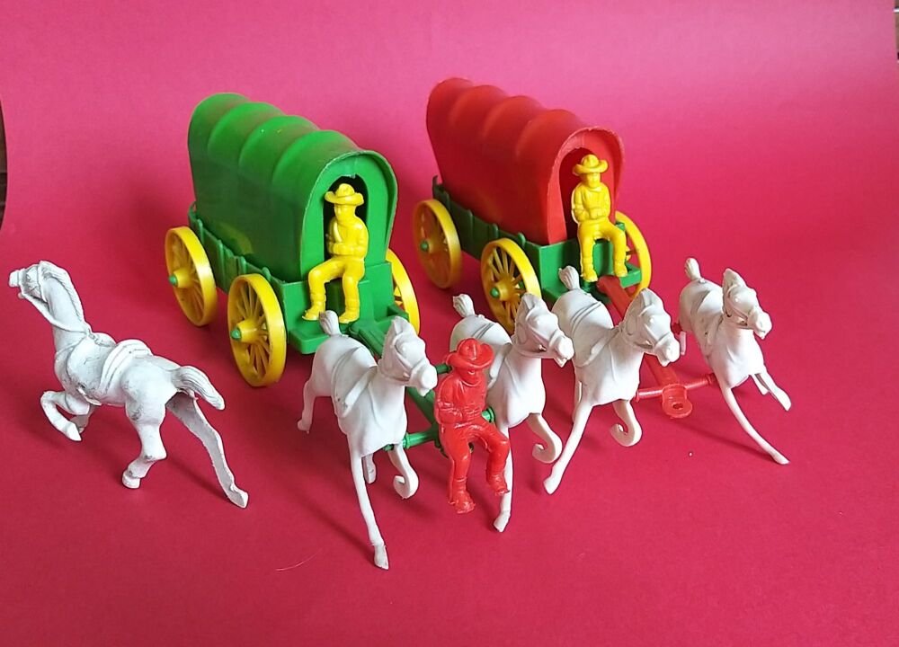 Vintage Plastic Figures-Mixed Job Lot-Cowboys, Indians, Wagons etc-Britains, Timpo, Tudor Rose, Lone Star etc