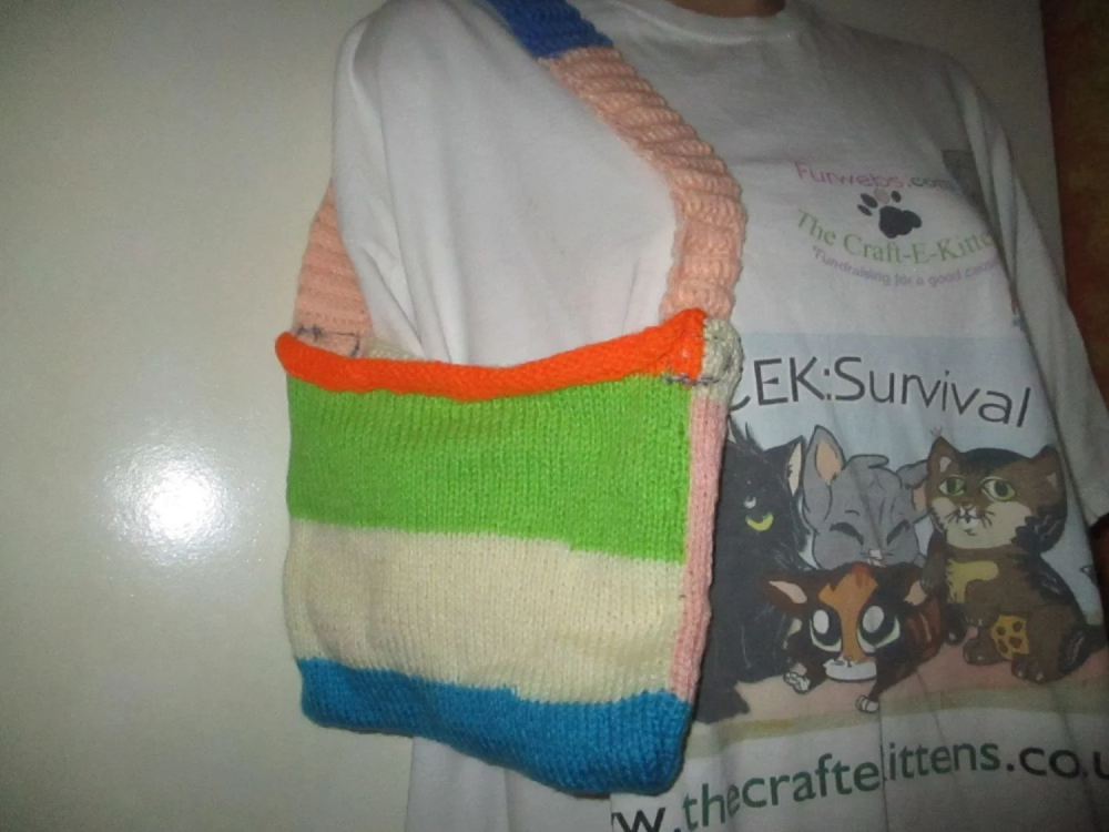 Blue, Peach, Lemon and Orange Knitted Bag. Knitted By KittyMumma