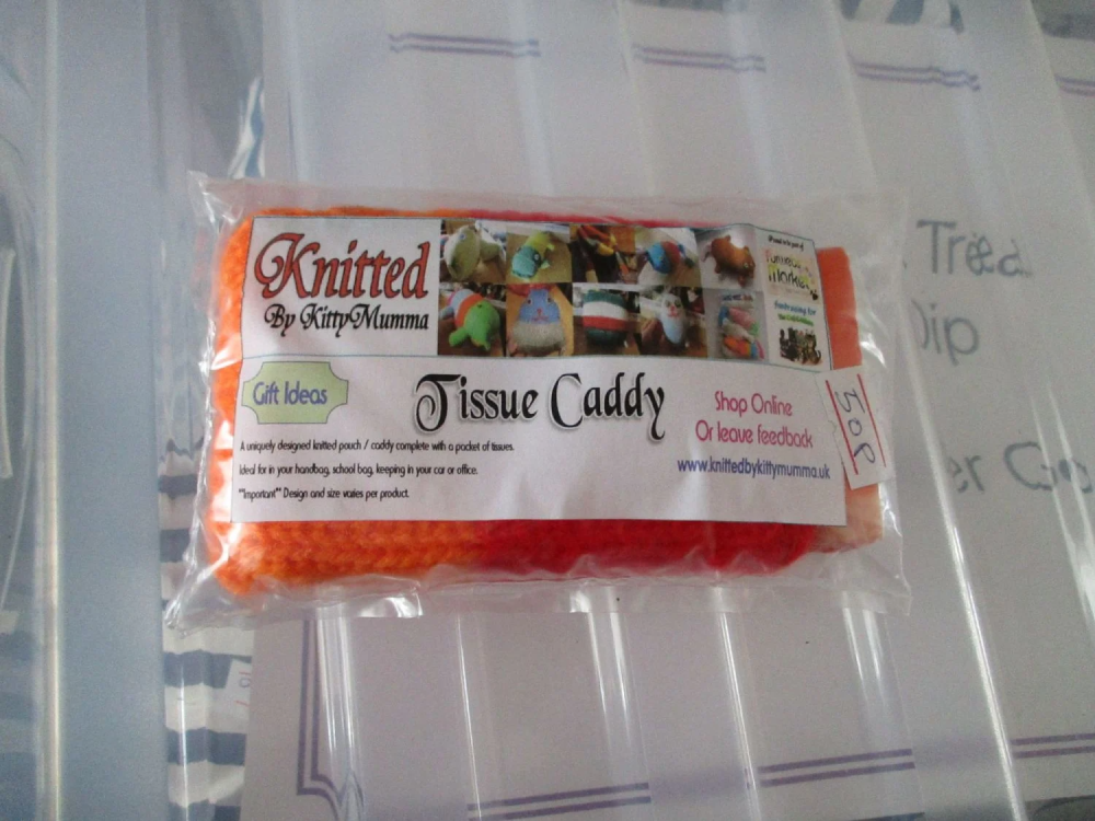 Orange Red Knitted Tissue Caddy with Tissues - Knitted By KittyMumma