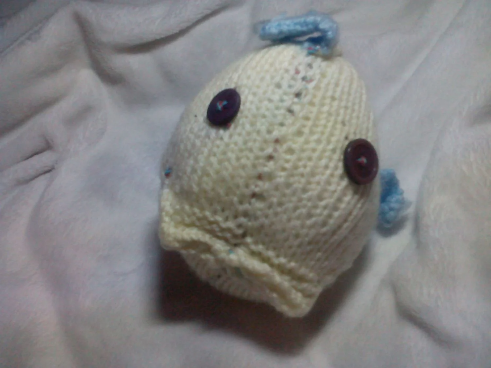 Cream Midi Fish with Blue Fins and Purple Brown Eyes Knitted Soft Toy