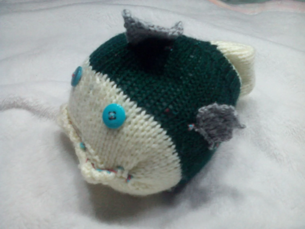 Cream And Dark Green Midi Fish with Turquoise Eyes Knitted Soft Toy