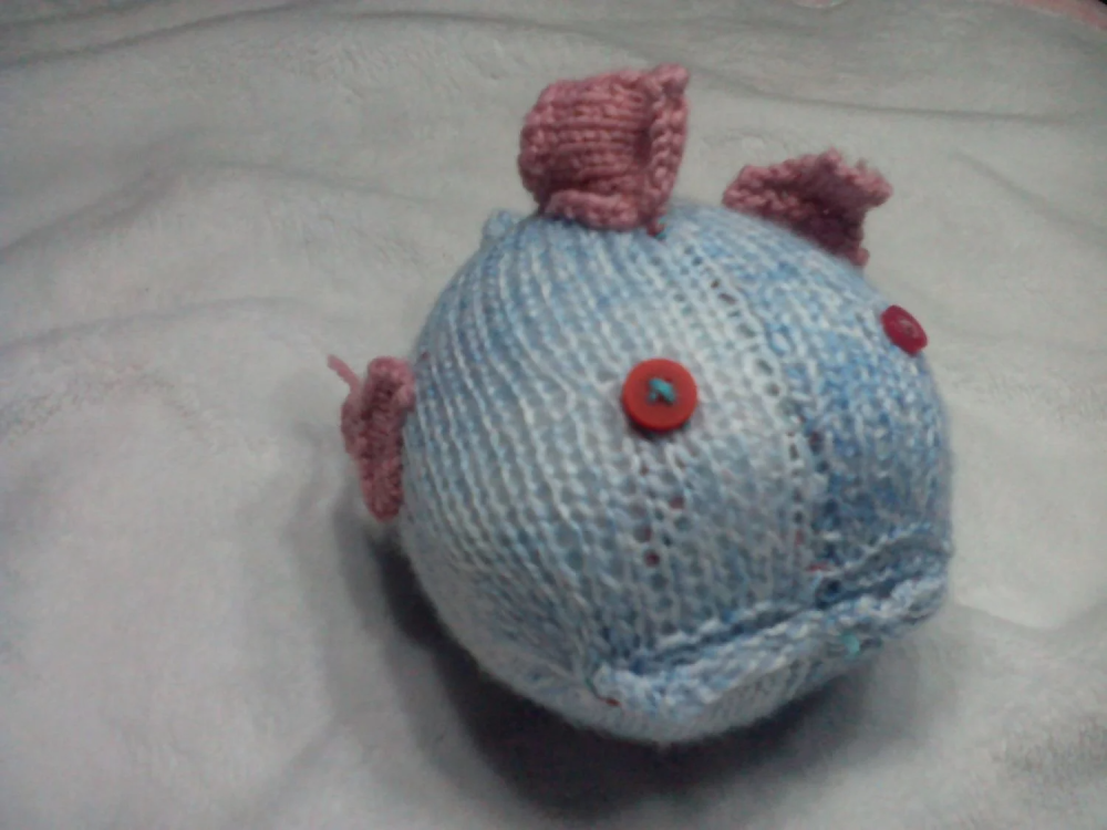 Pale Rainbow Blue Midi Fish with Misplaced Pink Fins And Red Eyes Knitted Soft Toy