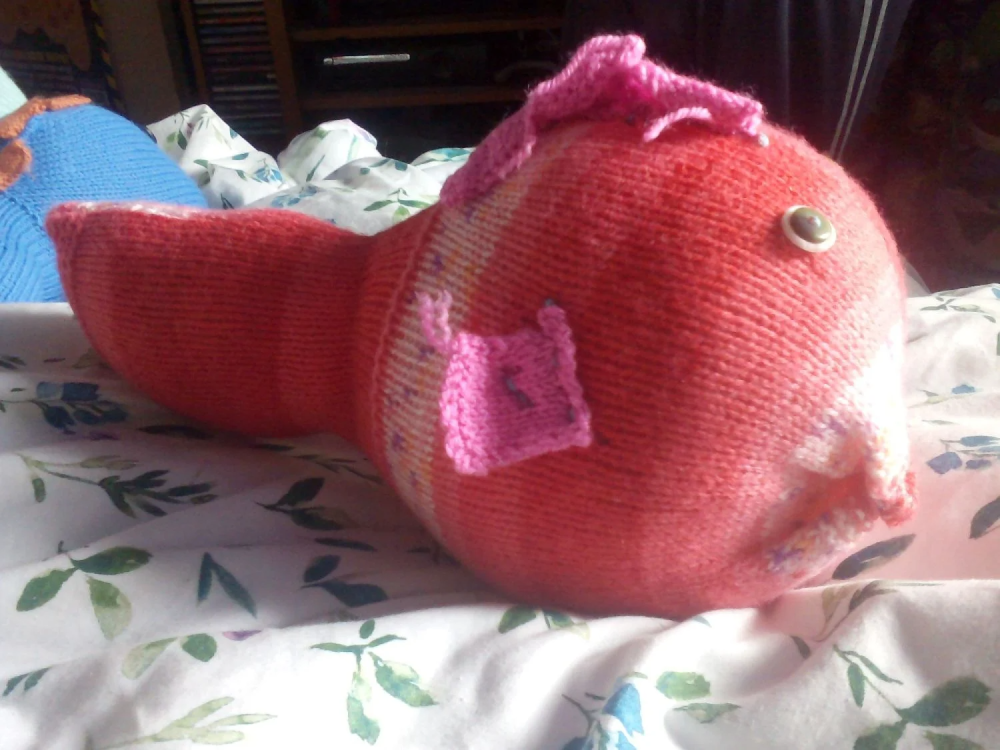 Red Floral Patterned Giant Fish Green White Eyes Pink Fins Knitted Soft Toy