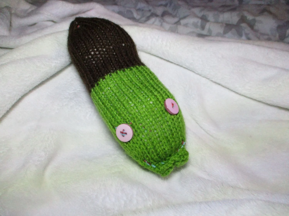 Brown And Green Body with Lilac Eyes Mini Grub Knitted Soft Toy