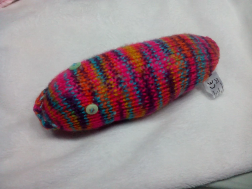Vibrant Blue Red Orange Pink Purple Mustard Stripe Rainbow Body with Lime Green Eyes Mini Grub Knitted Soft Toy