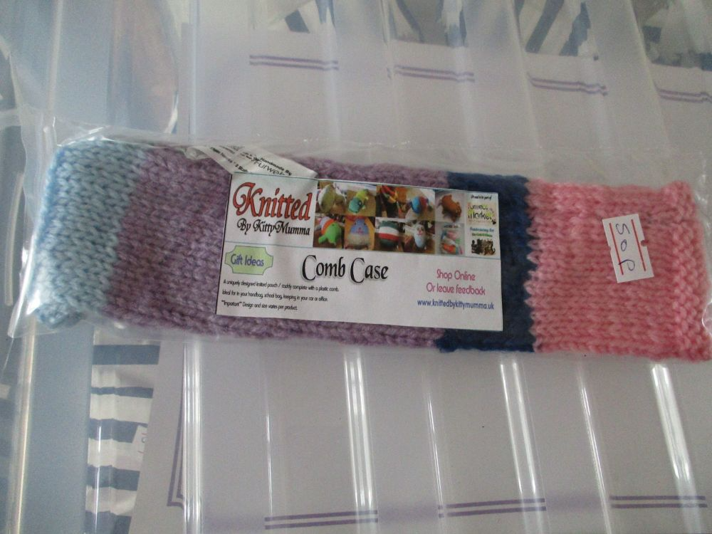 Blue, Purple & Pink Knitted Comb Case with Comb - Knitted By KittyMumma