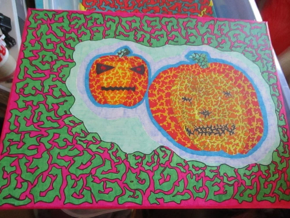 Twin Pumpkins Flame Art - Green Pink Border - 30x40cm Box Frame Canvas - JGPaws