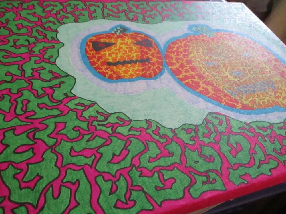 Twin Pumpkins Flame Art - Green Pink Border - 30x40cm Box Frame Canvas - JGPaws