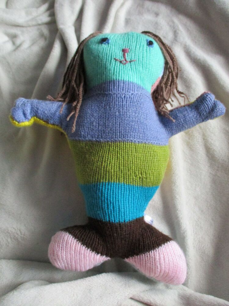 Giant Earthy Tones Blue Brown Yellow Pink Purple Mermaid with Embroidered Features and Brown Crochet Hair