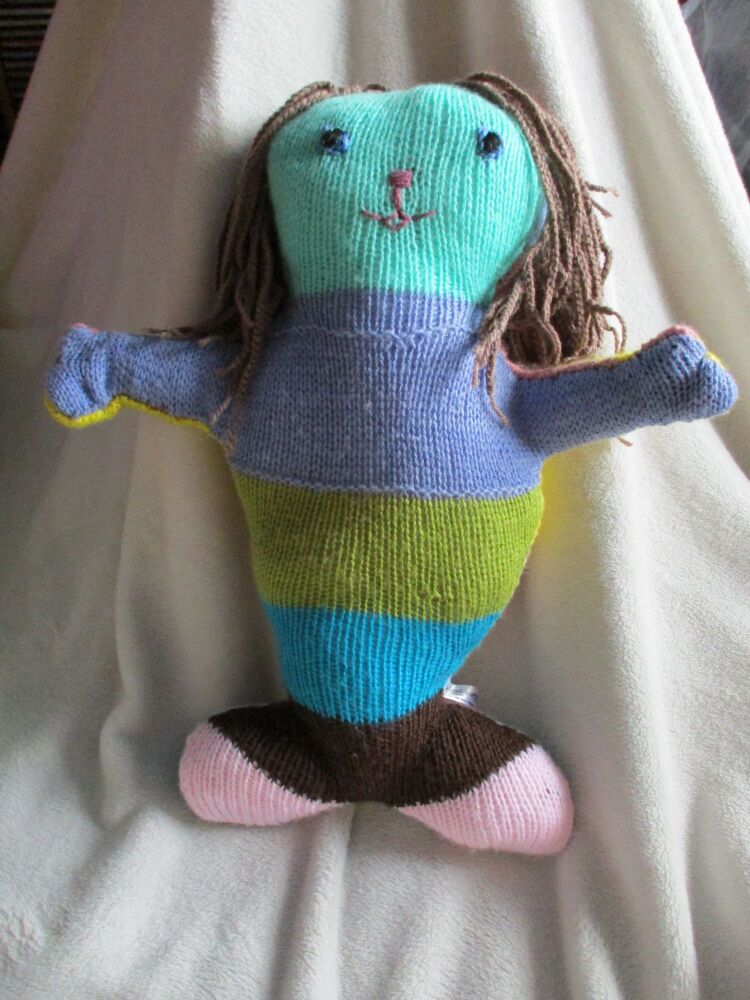Giant Earthy Tones Blue Brown Yellow Pink Purple Mermaid with Embroidered Features and Brown Crochet Hair