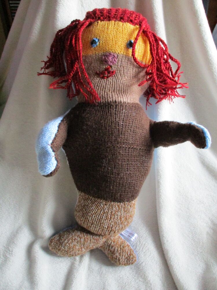 Giant Blue Brown Yellow Mermaid with Embroidered Features and Red Crochet Hair