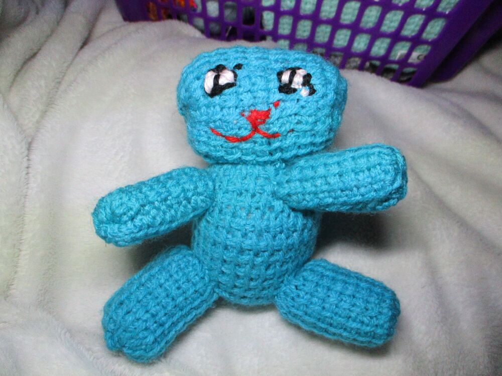 Vivid Cyan Blue Crocheted Kito-Pal with shiny big eyes