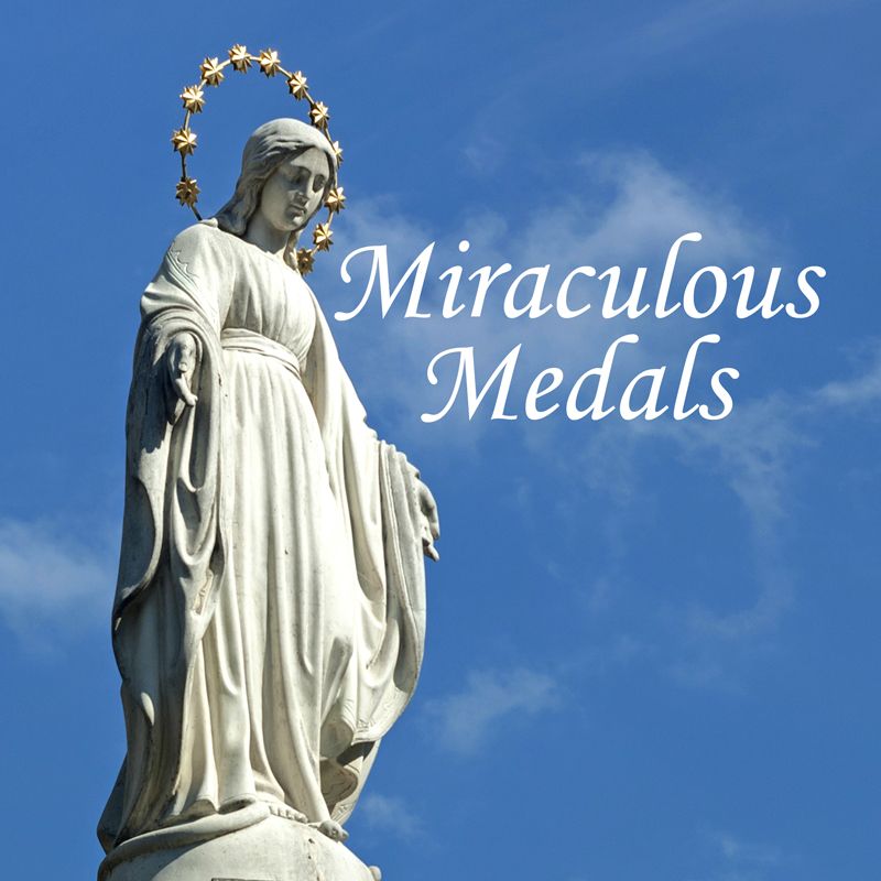 Statue of Mary in stance feature on Miraculous Medals