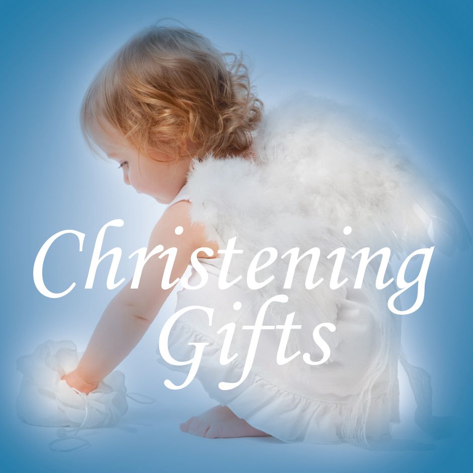 Little girl dressed as an Angel with Christening Gifts title across