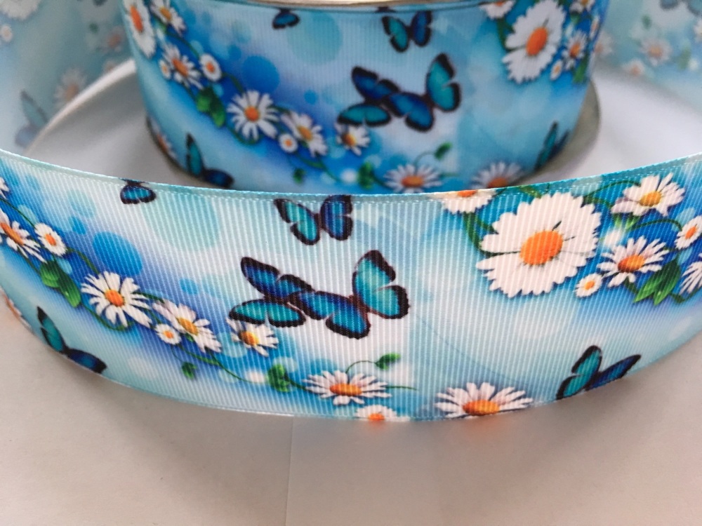 2" Blue Butterfly Floral Grosgrain Ribbon