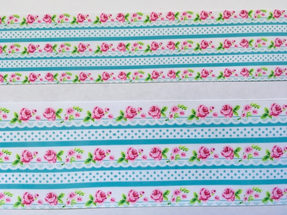 Pink Flowers with Turquoise Dots Grosgrain Ribbon