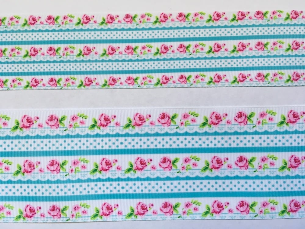 Pink Flowers with Turquoise Dots Grosgrain Ribbon