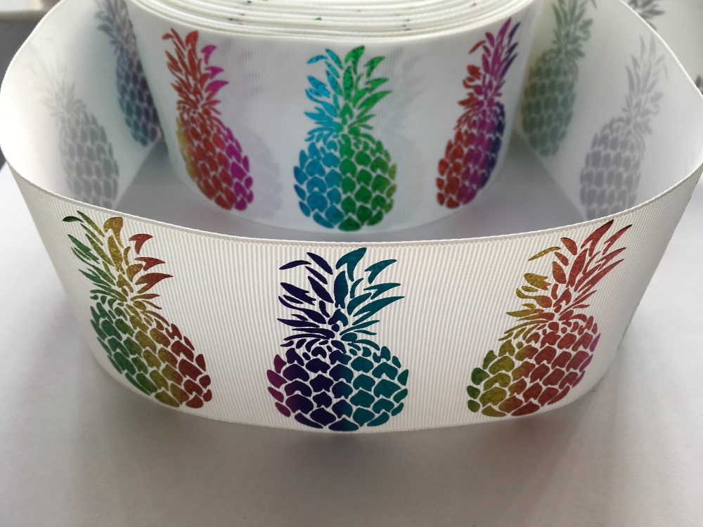 3" Rainbow Laser Pineapples on White Grosgrain Ribbon