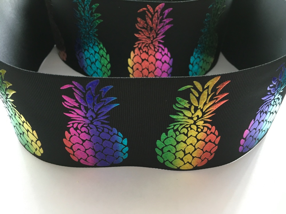 3" Rainbow Laser Pineapples on Black Grosgrain Ribbon