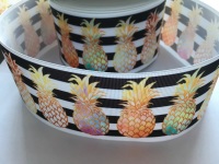 Pineapples on Black & White Stripe Grosgrain Ribbon