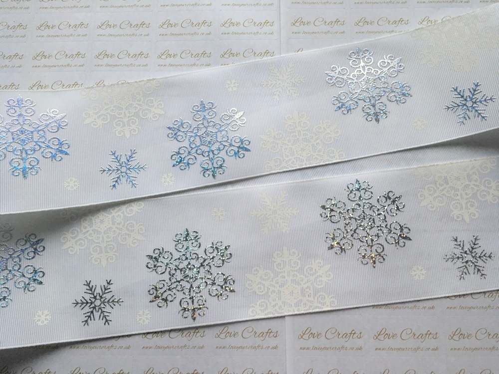 3" White & Silver Snowflakes on White Grosgrain Ribbon