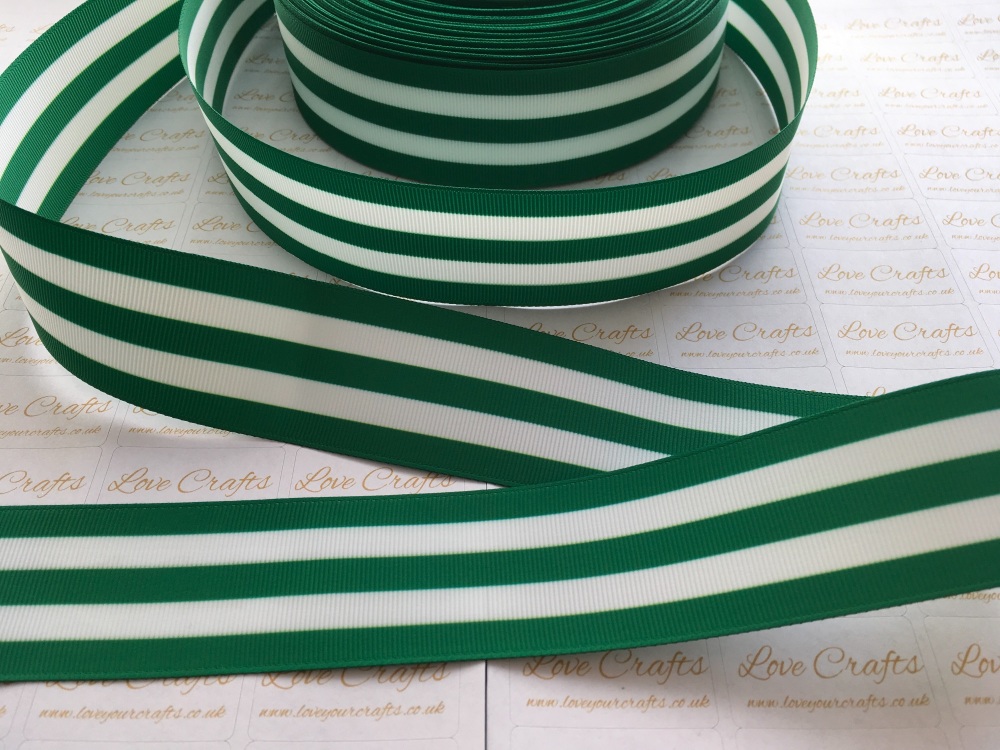 1.5" Forest Green & White Stripe Double Sided Grosgrain Ribbon