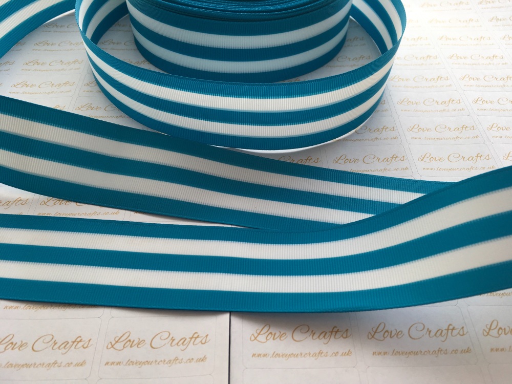 1.5" Turquoise & White Stripe Double Sided Grosgrain Ribbon
