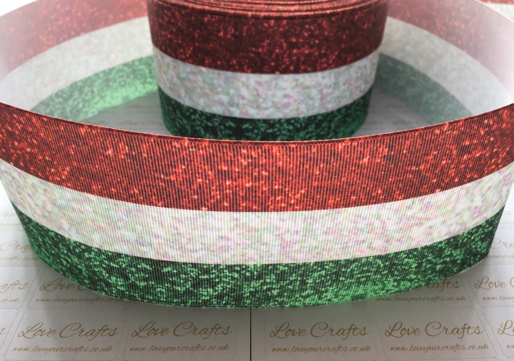3" Red/White/Green Glitter Effect Grosgrain Ribbon