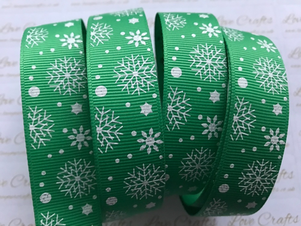7/8" White Glitter Snowflakes on Green Grosgrain Ribbon