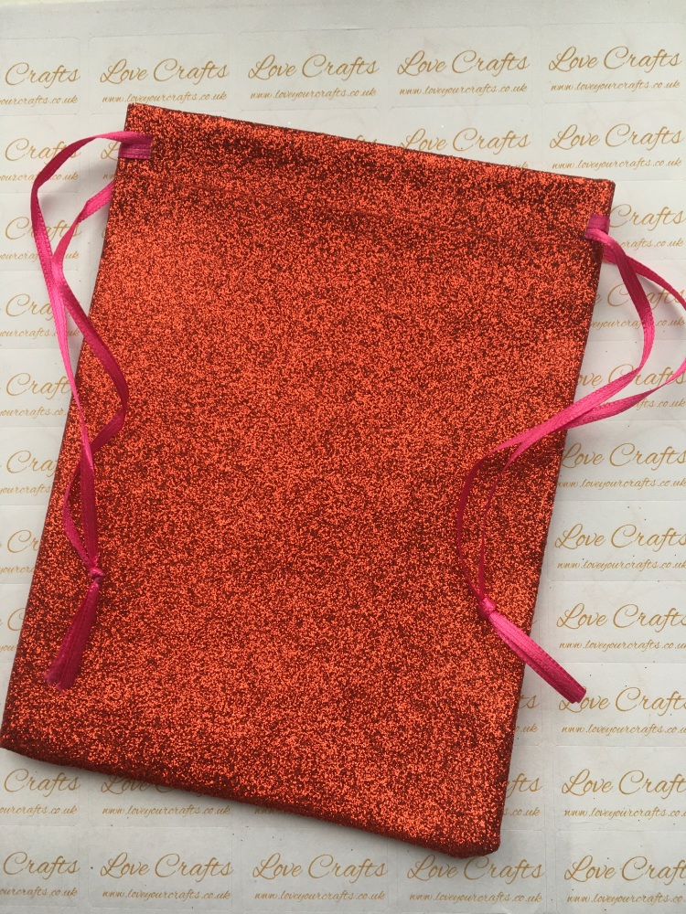 Red Glitter Fabric Drawstring Gift Bag