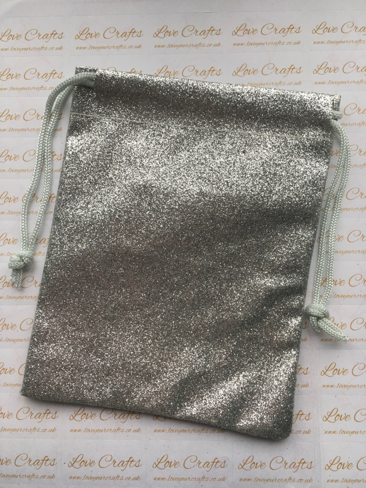 Silver Glitter Fabric Drawstring Gift Bag