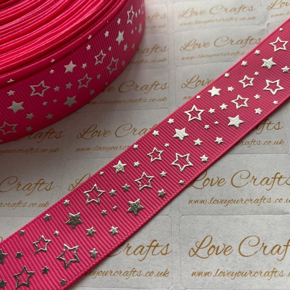 1" Silver Laser Stars on Hot Pink Grosgrain Ribbon