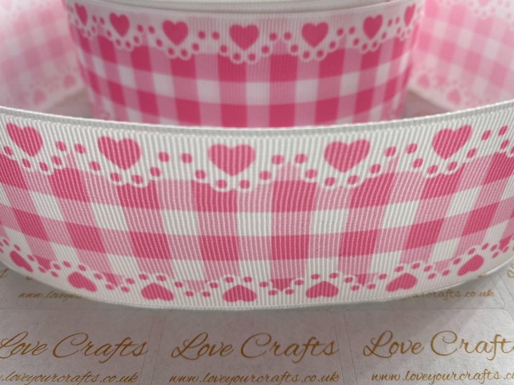 Hot Pink Check & Hearts Grosgrain Ribbon