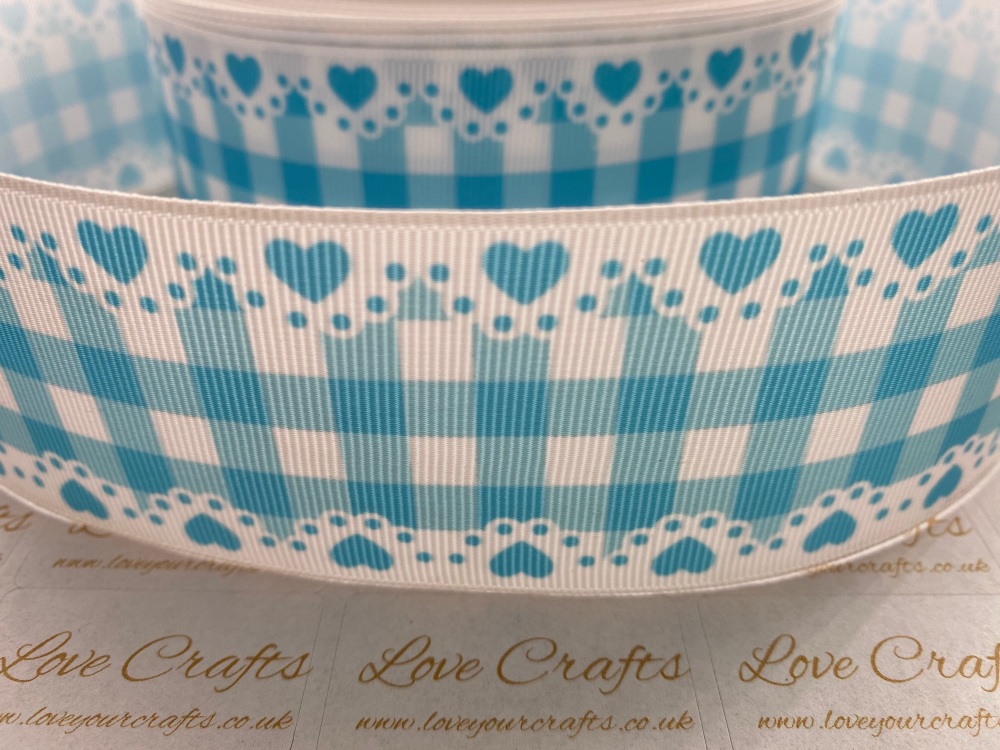 Misty Turquoise Check & Hearts Grosgrain Ribbon