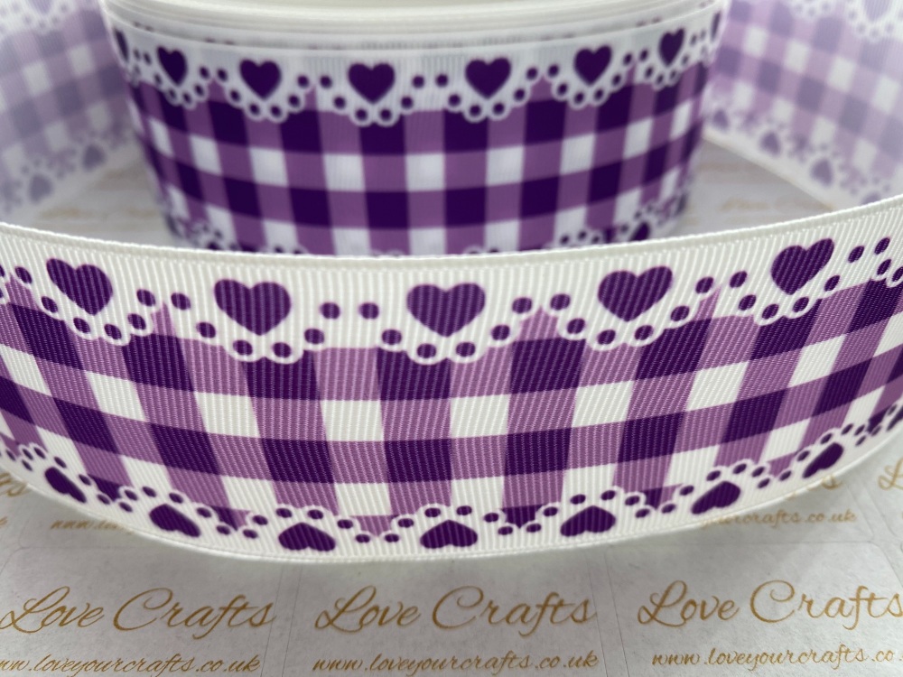 Purple Check & Hearts Grosgrain Ribbon