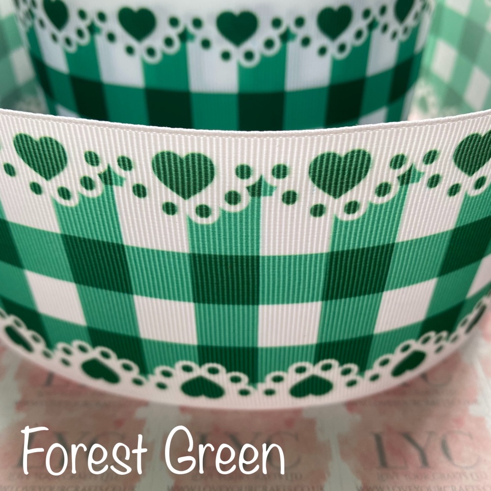 Forest Green New Heart Gingham Check Grosgrain Ribbon