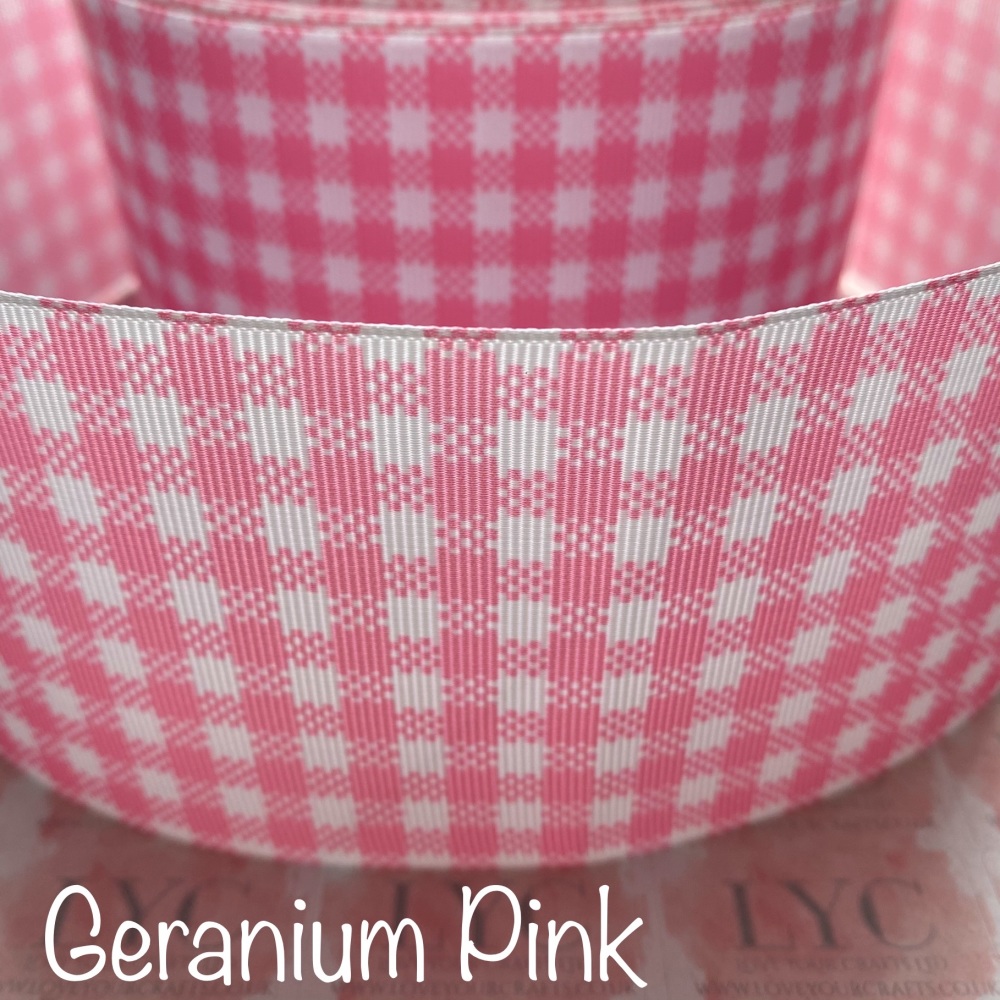 Geranium Pink New Gingham Check Grosgrain Ribbon