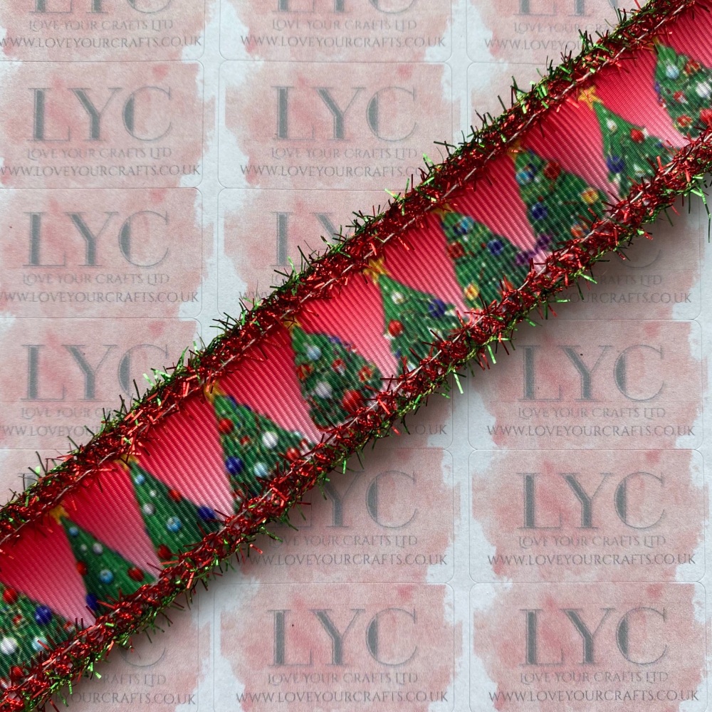 1" Christmas Tree Grosgrain Ribbon with Red & Green Tinsel Edge