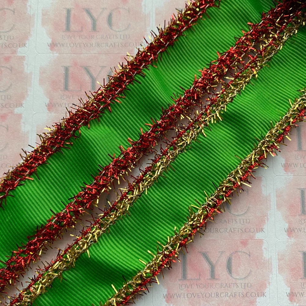 1" Classical Green Grosgrain Ribbon with Red & Gold Tinsel Edge