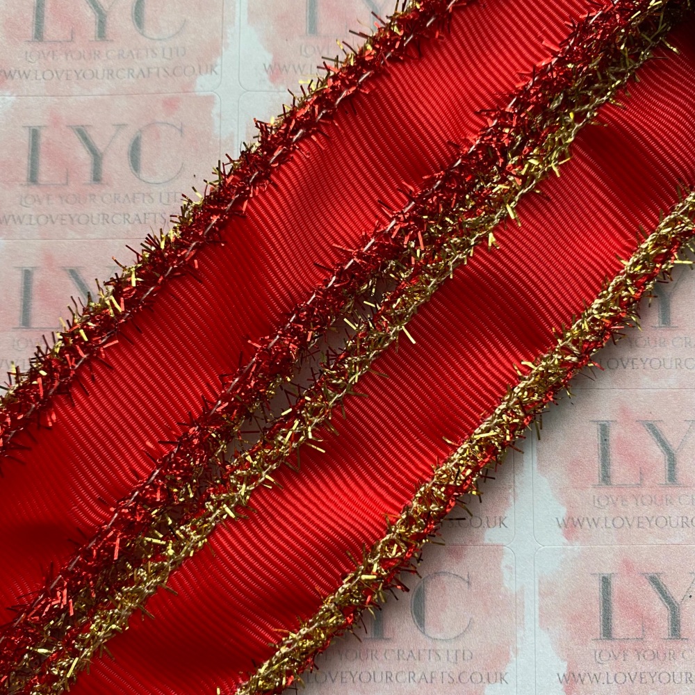 1" Hot Red Grosgrain Ribbon with Red & Gold Tinsel Edge