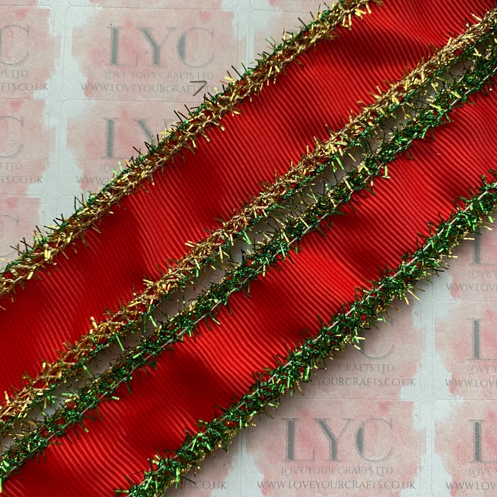 1" Poppy Red Grosgrain Ribbon with Green & Gold Tinsel Edge